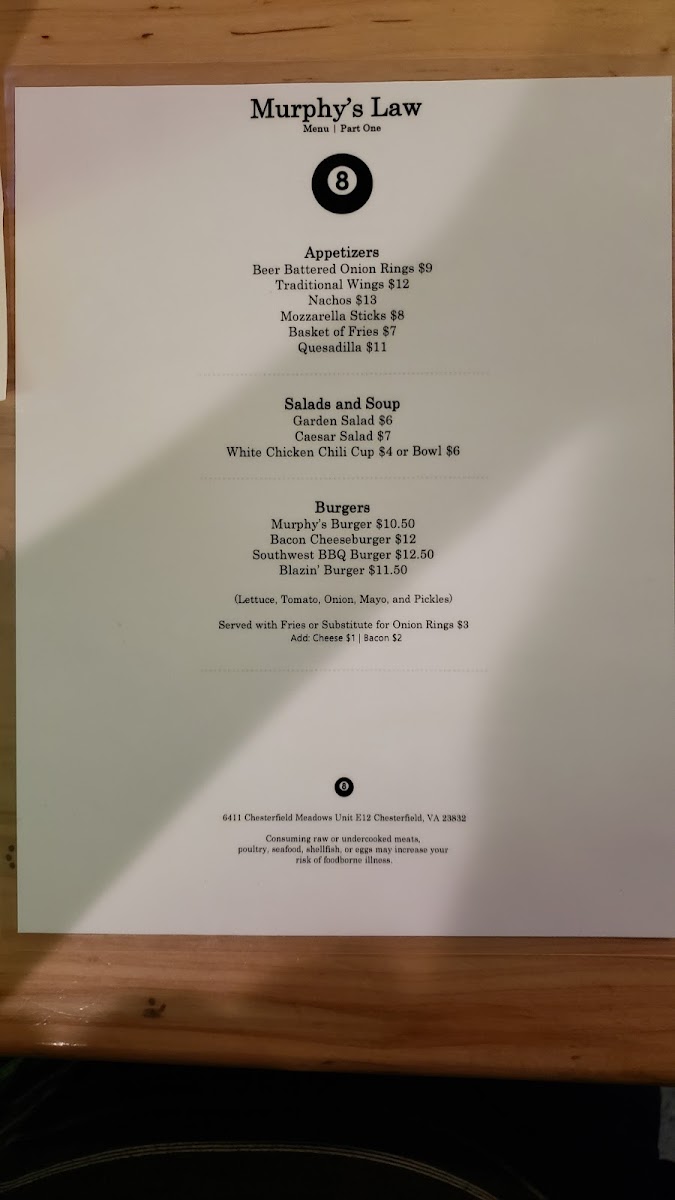 Menu Murphy's Law Billiards-9